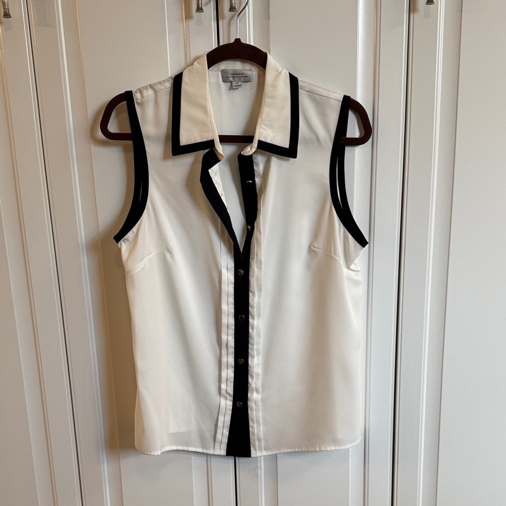 Sleeveless Contrast-Trim Button-Down Shirt - White/Black